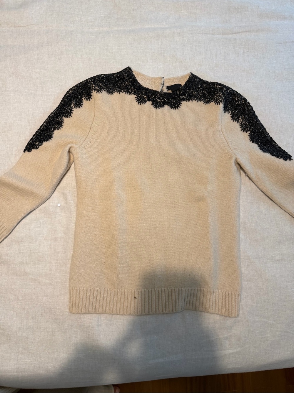 J. Crew Cream Sweater with Black Lace Shoulder Detail